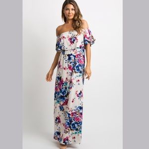 PinkBlush Ivory Floral Ruffle Off Shoulder Maxi